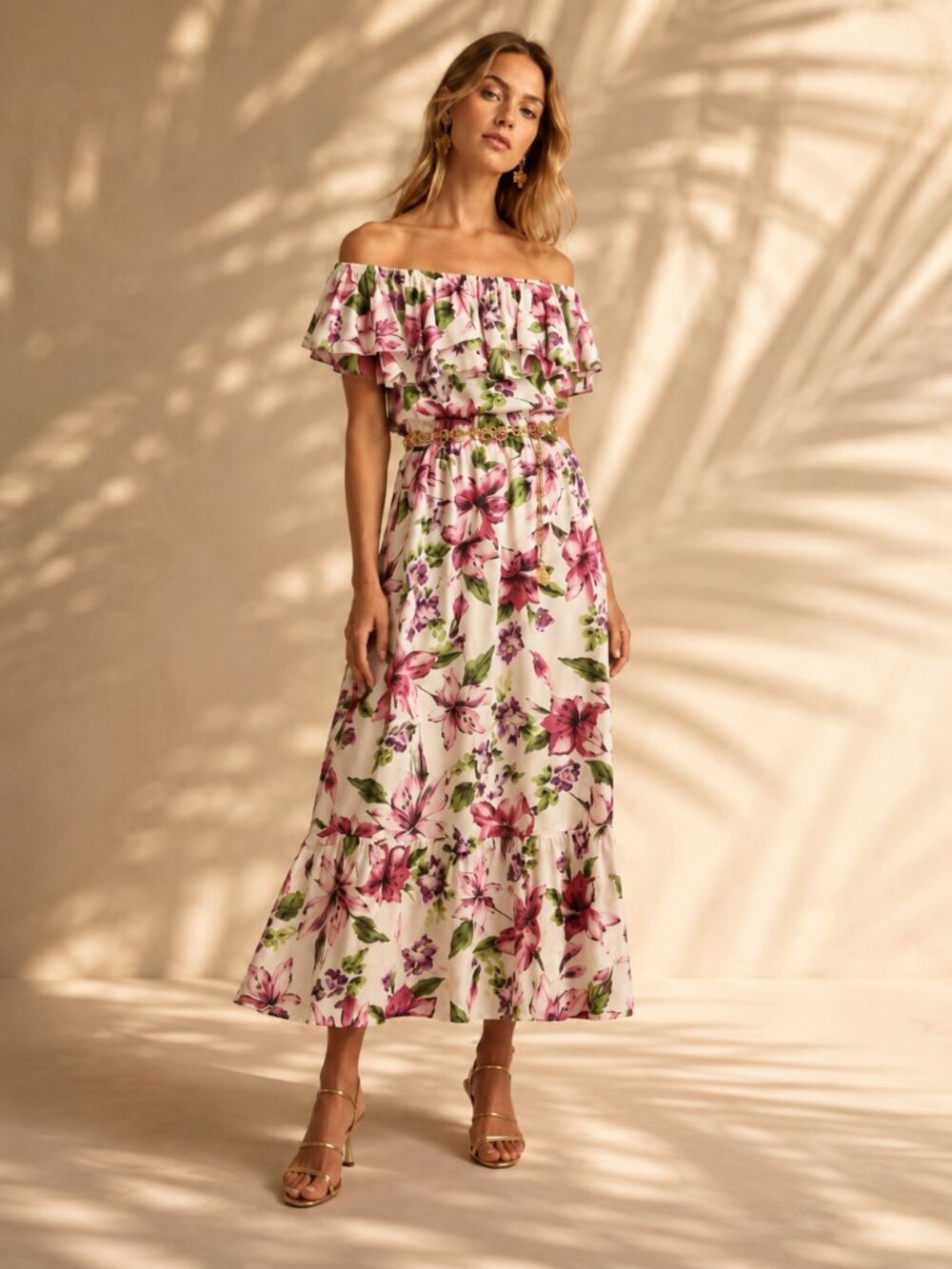 LIU JO Off Shoulder Tropical Resortwear Floral Midi Dress
